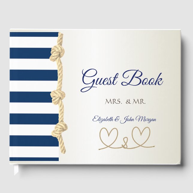Livre D'or Plage Mariage Marine Rope, Coeurs, Stripes (Recto)