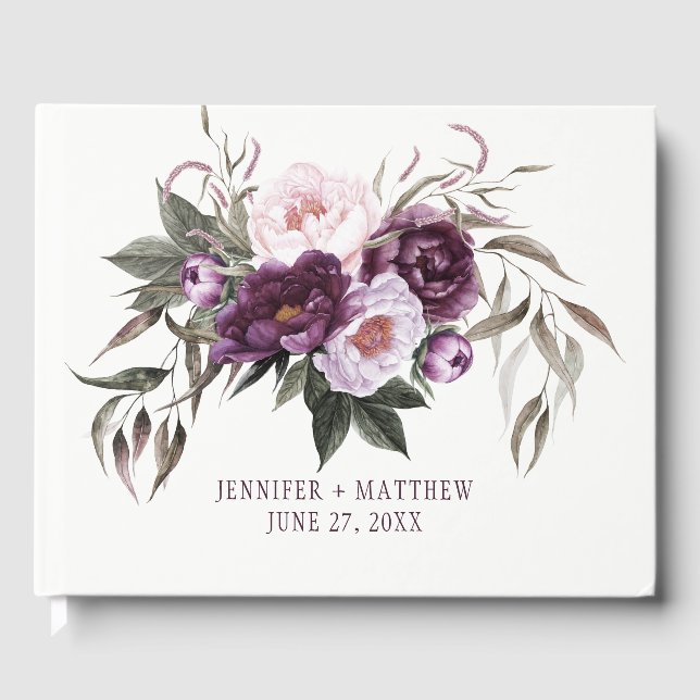 Livre D'or Plum violet Pink Peonies Mariage de verdure (Recto)