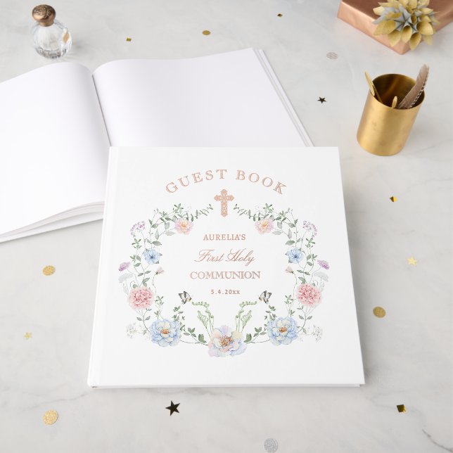 Livre D'or Première communion de cadre floral élégant (Recto ouvert)