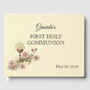 Livre D'or Première Sainte Communion Chalice Hôte Fleurs Rose
