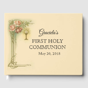 Livre D'or Première Sainte Communion Chalice Hôte Roses Rose