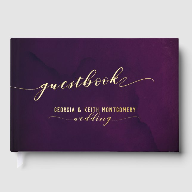 Livre D'or Purple Aquarelle Or Script Mariage élégant (Recto)