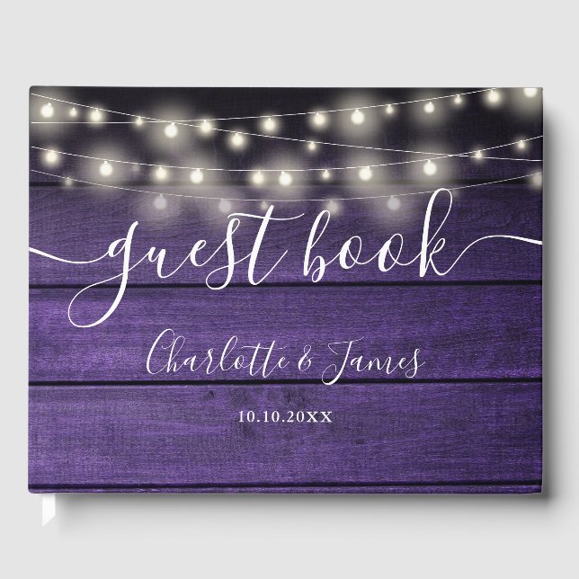 Livre D'or Purple Rustic Wood String Lights Photo Wedding (Recto)