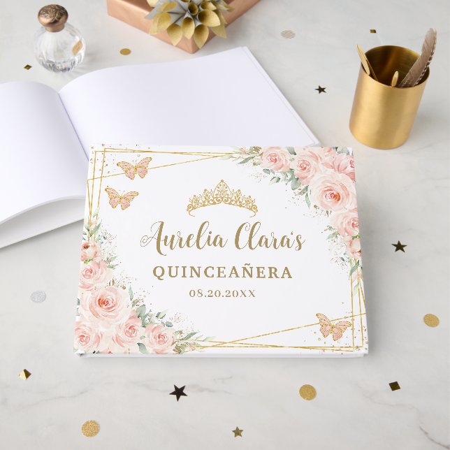 Livre D'or Quinceanera Blush rose Floral Papillons Or 15 (Recto ouvert)