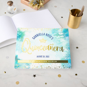 Livre D'or Quinceañera Couronne Turquoise Script Real Gold Fo