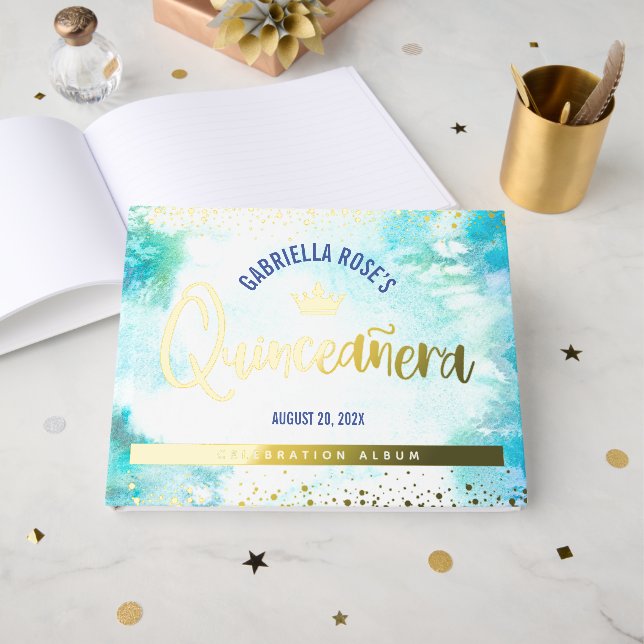 Livre D'or Quinceañera Couronne Turquoise Script Real Gold Fo (Recto ouvert)