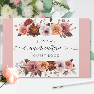 Livre D'or Quinceañera Elegant Blush Rose et Floral Bourgogne