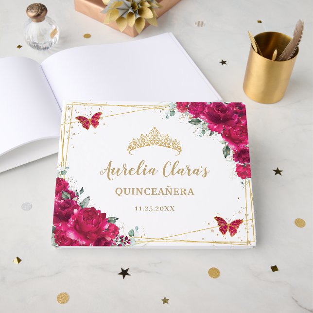 Livre D'or Quinceanera Fuchsia Papillons floraux roses chauds (Recto ouvert)
