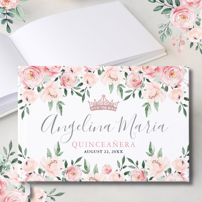 Livre D'or Quinceanera rose floral (Floral Blush Pink Quinceanera Foil Guest Book)