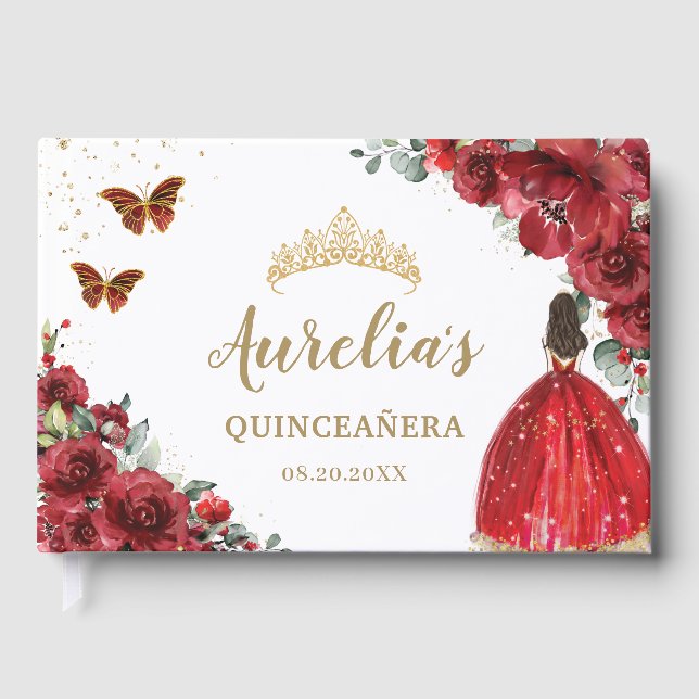 Livre D'or QUINCEAÑERA Rouge Floral Rose Princesse Papillons (Recto)