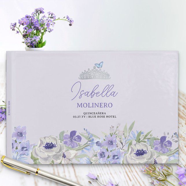Livre D'or Réception de Quinceanera Florale Perple (Guest book with pretty border of purple lilac and blue flowers to personalize for any girly occasion)