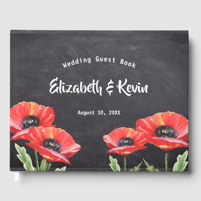 Livre D'or Red Poppy Floral Mariage Rustic Chalkboard (Recto)