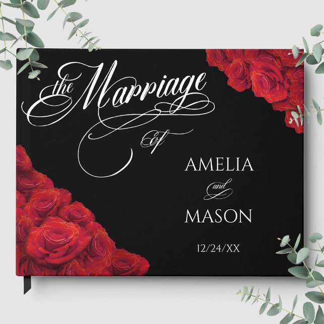 Livre D'or Red Roses Photo Calligraphy Script Black Wedding (Red Roses Photo Calligraphy Script Black Wedding Guest Book Front)