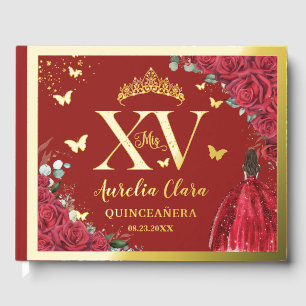Livre D'or Robe Florale Rouge Quinceañera Quince 15 XV Or