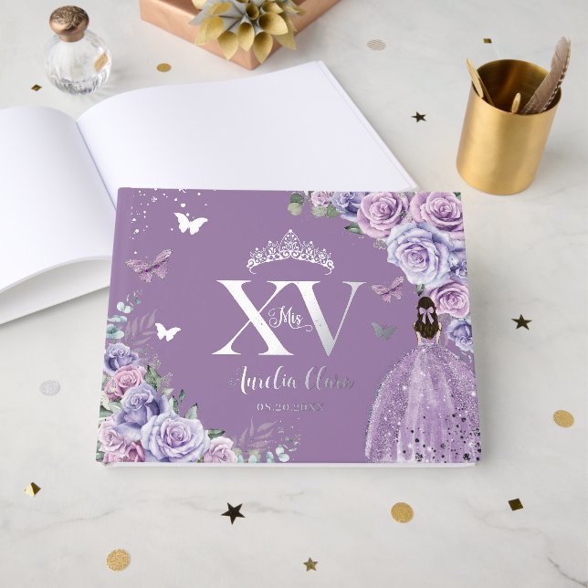 Livre D'or Robe Florale violette Lilac Argent Quinceañera XV (Recto ouvert)