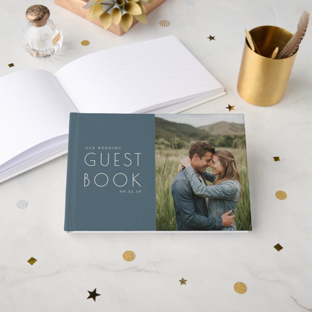 Livre D'or Romantic Navy Minimalist Photo (Recto ouvert)