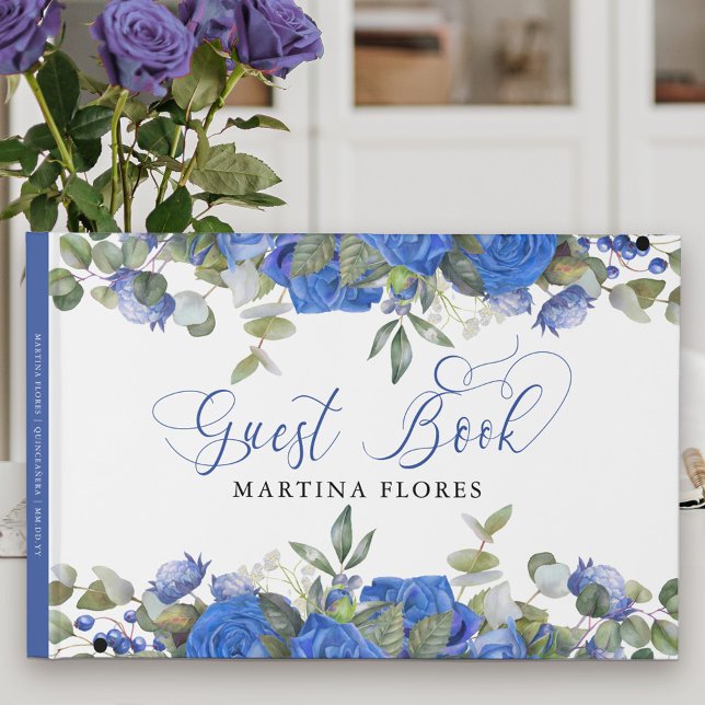 Livre D'or Rose bleu et Eucalyptus Élégant floral (Blue floral Guest Book with elegant calligraphy. Lovely keepsake .. easy to customize for any event.)