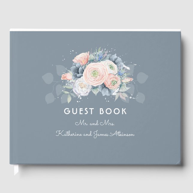 Livre D'or Rose Dusty et Mariage floral bleu ardoise (Recto)