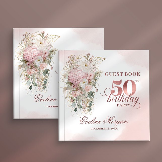 Livre D'or Rose Gold Blush Floral 50th Birthday Guest Book (Rose gold floral 50th birthday,
dusty pink blush gold glitter,
opulent Soft pastel   pink flowers, 
)