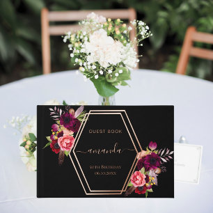 Livre D'or Rose noir or géométrique bordeaux floral Anniversa