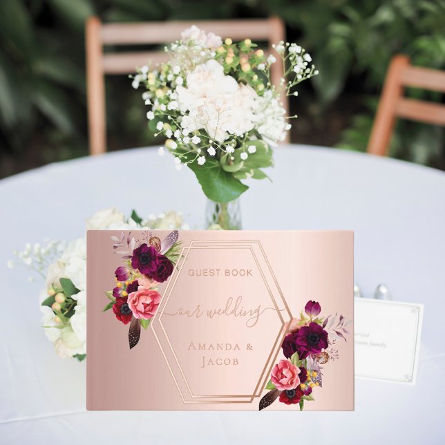 Livre D'or Rose or géométrique bordeaux rose fleurons mariage (Créateur téléchargé)