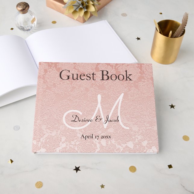 Livre D'or Rose Pâle Élégant Mariage Réception Monogramme (Recto ouvert)