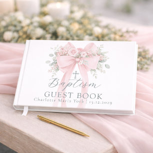 Livre D'or Rose poudré floral Bow Bébé fille Baptême