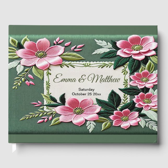 Livre D'or rose vert et poussiéreux Mariage brodé (Recto)