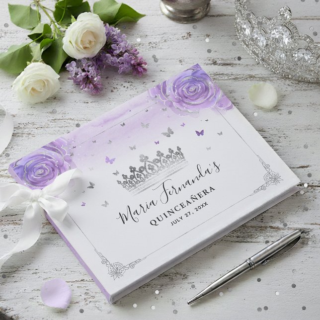 Livre D'or Rose violet clair et élégante couronne d'argent (Create a keepsake with an elegant light purple and silver guest book for your fairy tale event!)