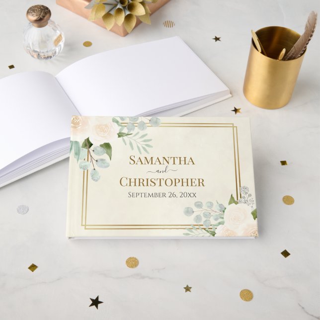 Livre D'or Roses blanches rustiques & Eucalyptus Mariage élég (Recto ouvert)