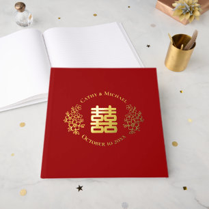 Livre D'or Rouge double bonheur fleuri logo mariage chinois
