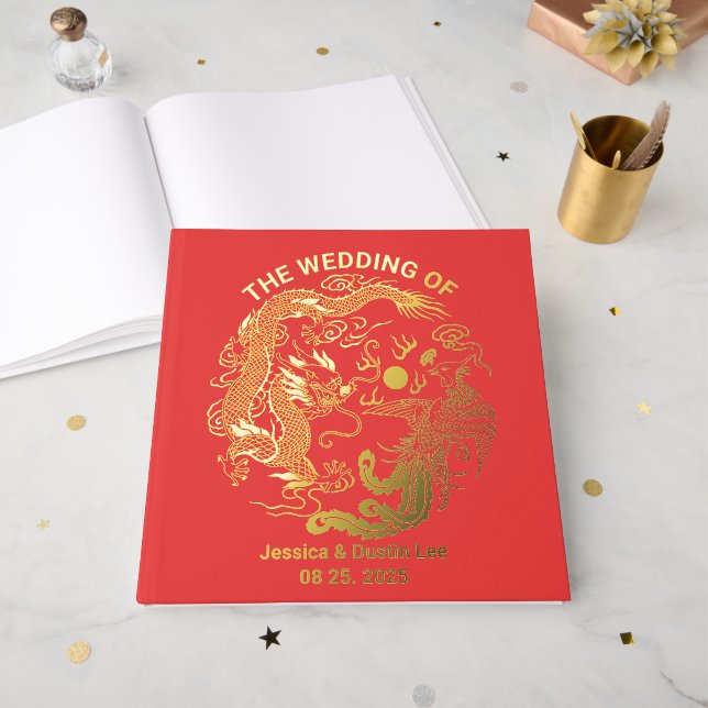 Livre D'or Rouge Dragon Phoenix Asiatique Chinois Mariage Gol (Recto ouvert)