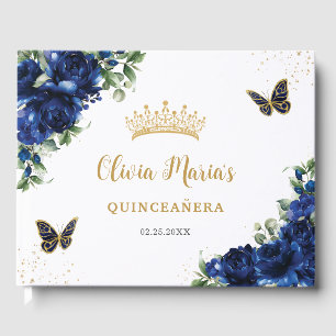 Livre D'or Royal Blue Floral Papillons Gold Quinceanera
