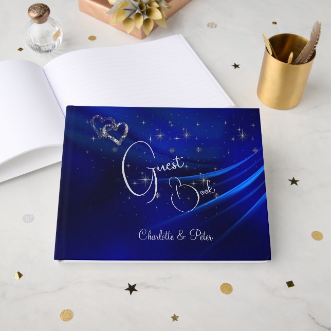 Livre D'or Royal Blue Hearts and Stars Mariage (Recto ouvert)