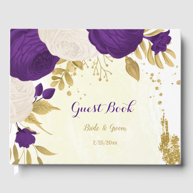 Livre D'or royal violet & fleurs blanches or botanique (Recto)