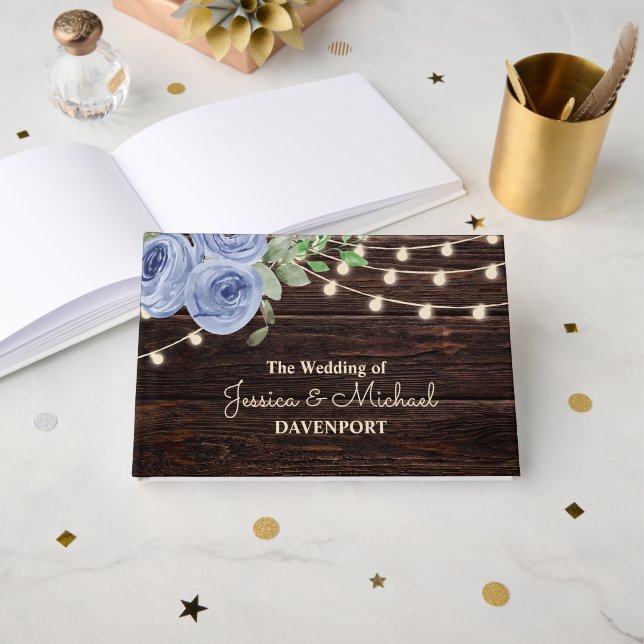 Livre D'or Rustic String Lights Blue Floral Wedding (Recto ouvert)