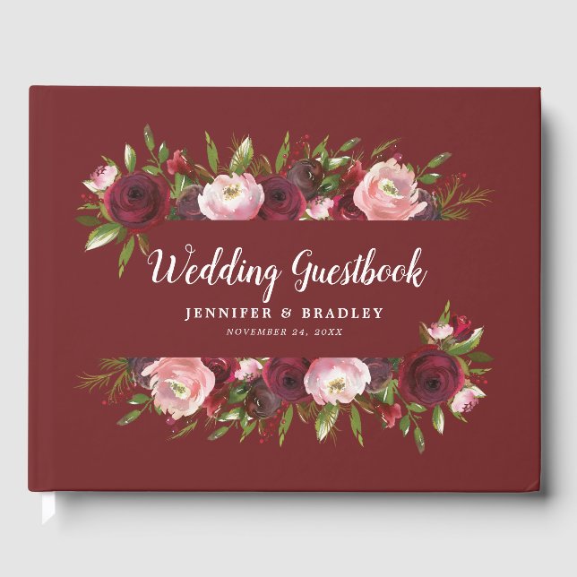 Livre D'or Rustique Bourgogne Blush Floral Aquarelle Mariage (Recto)