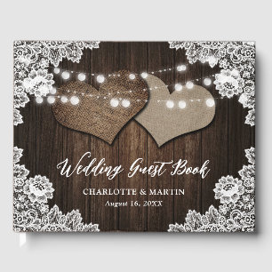 Livre D'or Rustique Chic Grange Bois Coeurs dentelle Mariage