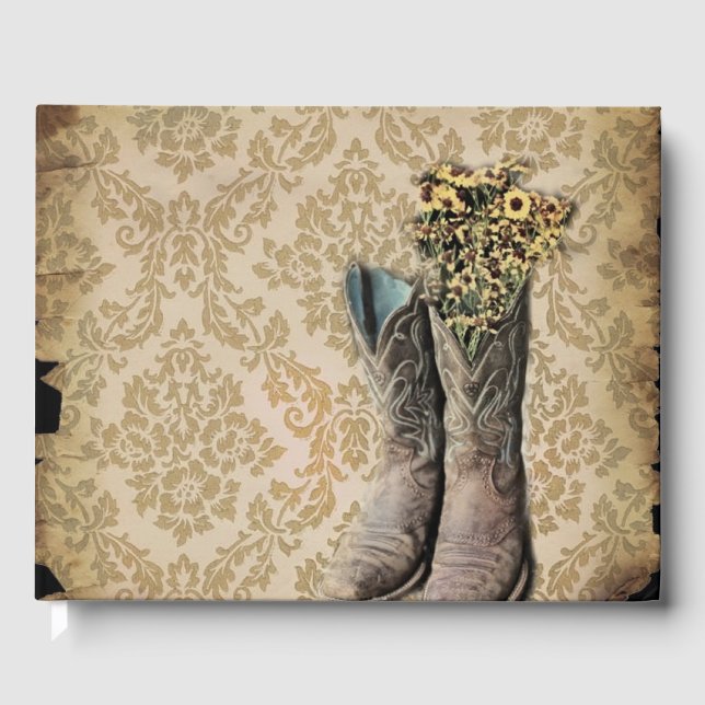 Livre D'or rustique damask western country grange mariage (Recto)