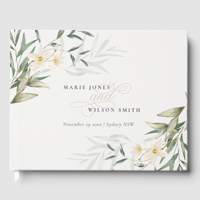 Livre D'or Rustique Elégant Blanc Vert Vert Mariage Floral (Recto)
