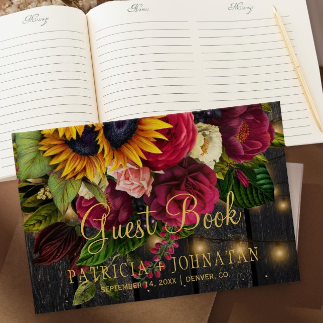 Livre D'or Rustique floral élégant bois bordeaux lumières mar (Créateur téléchargé)