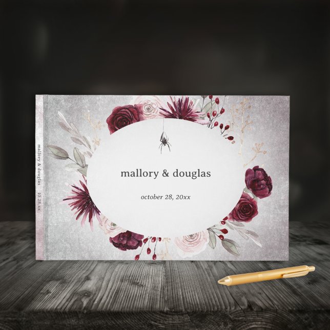 Livre D'or Rustique gothique Noir & Bourgogne Mariage d'Hallo (Rustic Gothic Black & Burgundy Halloween Wedding Guest Book)