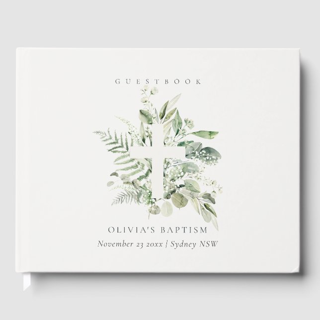 Livre D'or Rustique Green Eucalyptus Fern Foliage Croix Baptê (Recto)