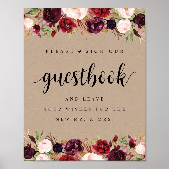 Livre d'or Rustique Kraft Bourgogne Floral Mariage (Devant)