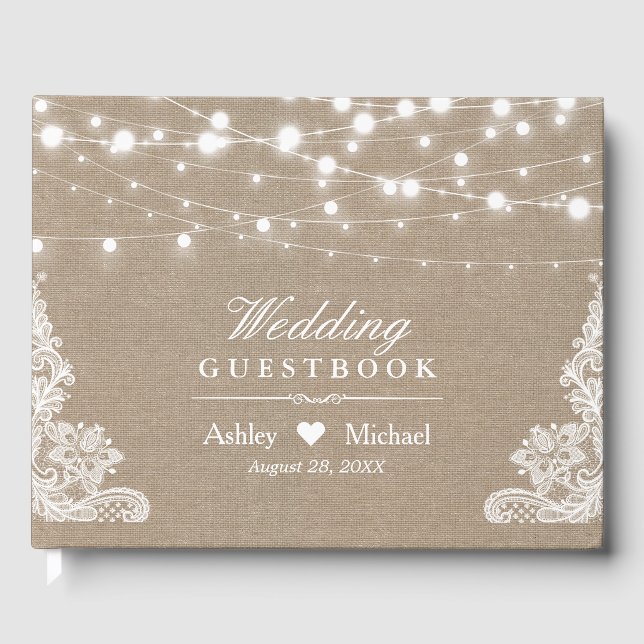Livre D'or Rustique Pays Burlap String Lights Mariage dentell (Recto)