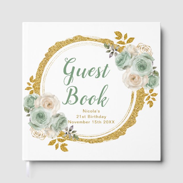 Livre D'or Sage Green and Gold Elegant Flowers Birthday Party (Recto)