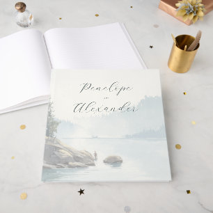Livre D'or Scène de lac à l'aquarelle bleu serein