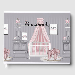 LIVRE D'OR SCÈNE DE NURSERNE DE FILLES DE BÉBÉ ROSE & GRIS