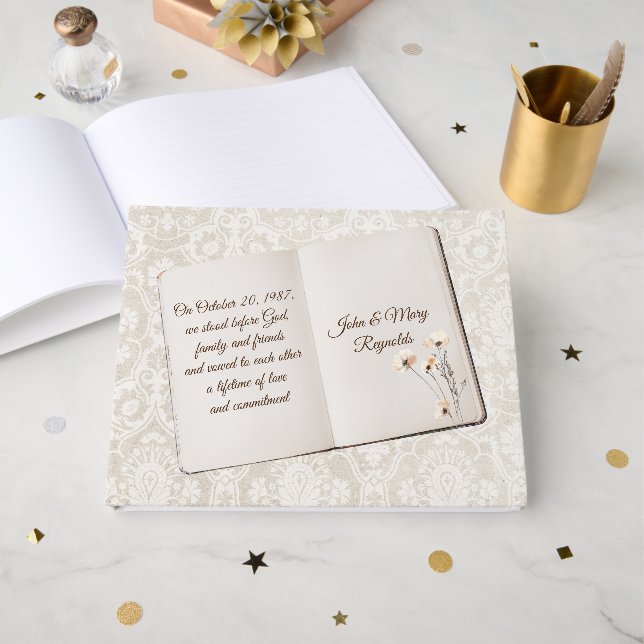 Livre D'or Scrapbook On Damask For Anniversary Party (Recto ouvert)