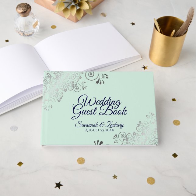 Livre D'or Silver Frills Mint Green & Navy Mariage élégant (Recto ouvert)